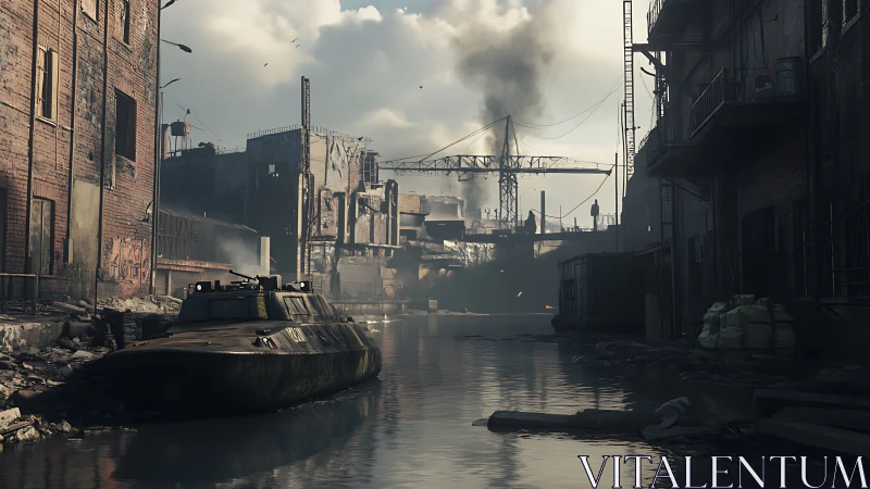 Industrial canal with derelict boat and damaged warehouses
