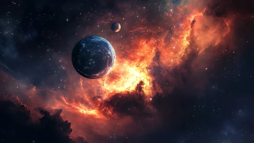 Exoplanetary silhouette against turbulent stellar nebula field.