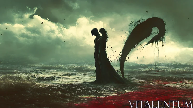Two spectral lovers on a bleeding ocean shore at dusk.