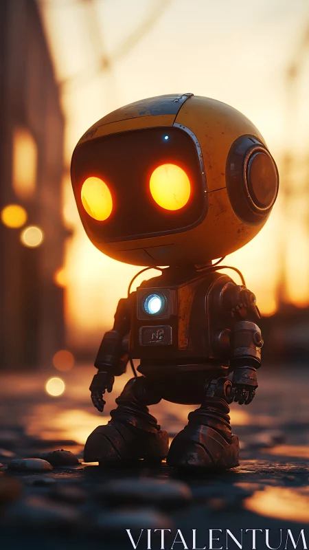 Sunlit alley robot gazes ahead in glowing evening haze.