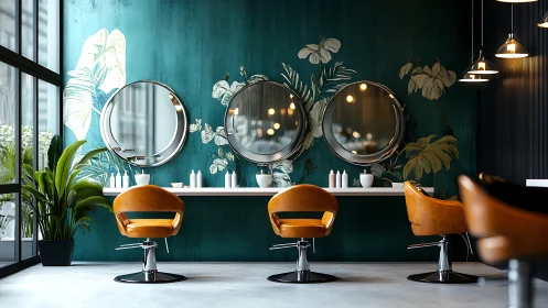 Contemporary salon interior uses teal wall, circular mirrors, warm leather chairs