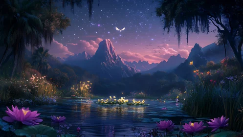 Enchanted mountain lake glows under starlit twilight sky