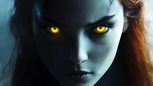 Midnight sorceress with blazing golden eyes in icy shadow.