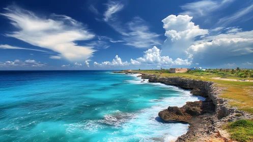 Coastal cliffs lean into turquoise seas under sculpted clouds