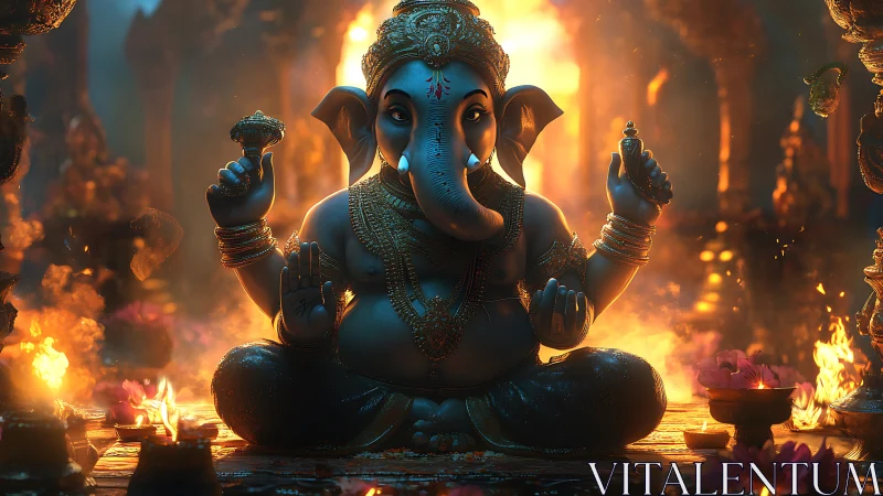 Divine Ganesha idol in cinematic warm temple firelight focus.