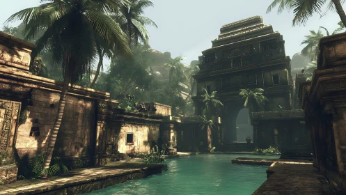 Sunlit jungle temple pool where quiet ruins breathe.