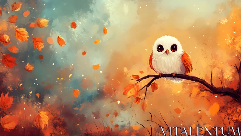 Bright-eyed autumn owl dreaming on a wind-tossed branch.