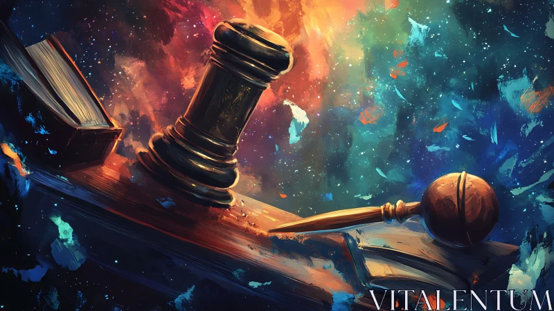 Cosmic courtroom gavel adrift among nebular law books.