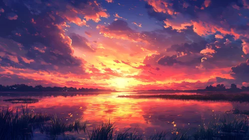 Skyfire marsh sunset painting the water in molten citrus.