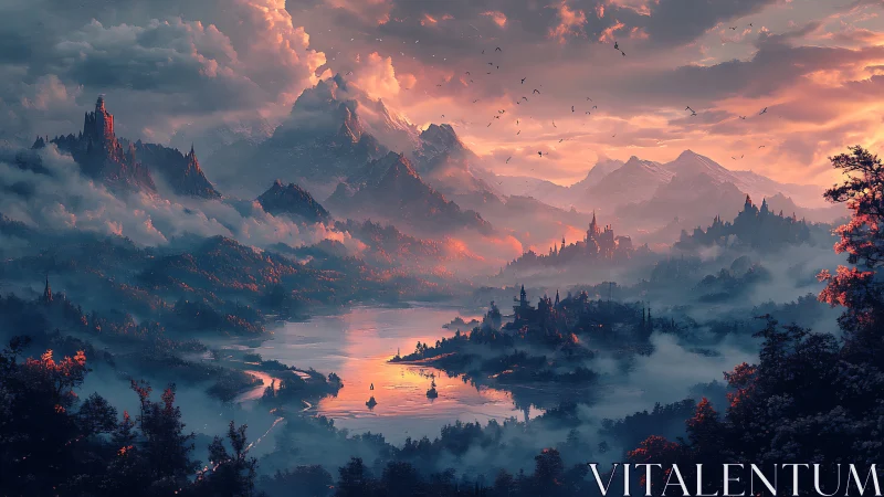 Vast fantasy kingdom surrounds misty lake at dramatic sunrise