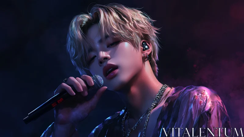 Digital portrait depicts singer holding microphone onstage