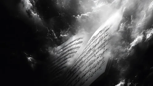 Monochrome musical codex emerging through dramatic cloud light.