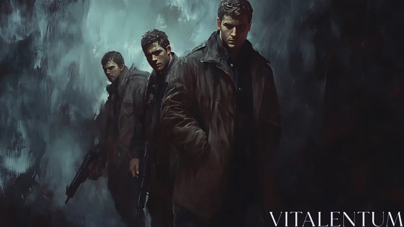 Brooding armed figures emerge from a stormy darkness.