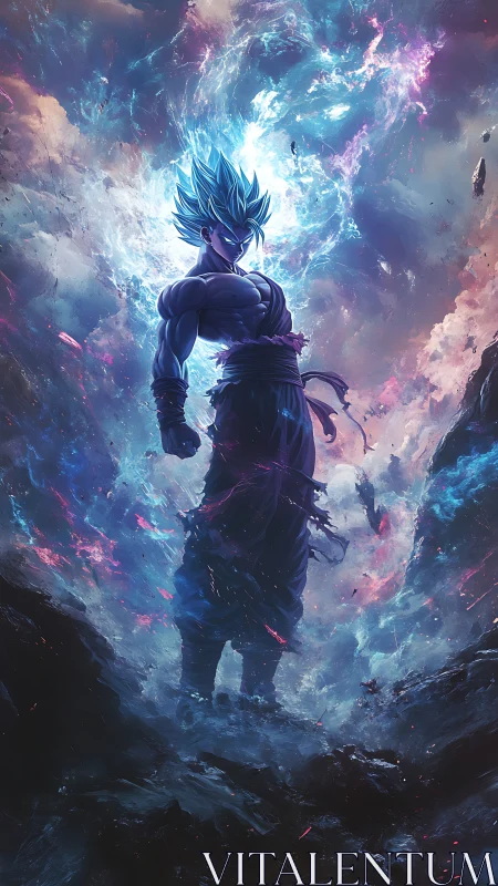 Cosmic warrior ignites with electric blue celestial power.