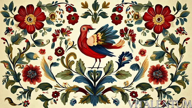 Vibrant Folk Art Bird with Floral Motifs on Cream Background.