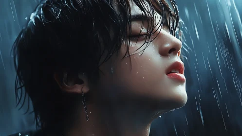 Side profile portrait of wet person under heavy rain