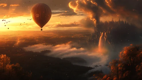 Hot air balloon drifts past fiery citadel at glowing sunset.