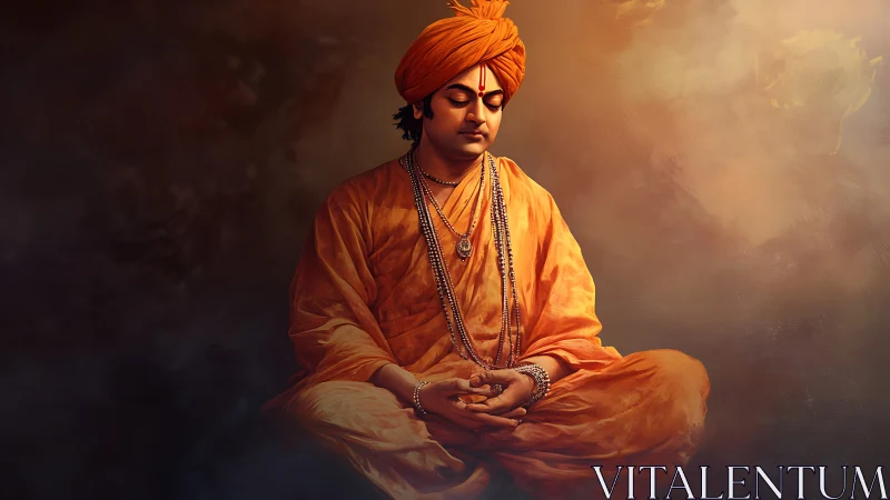 Saffron-robed mystic floating in ember-tinted stillness.