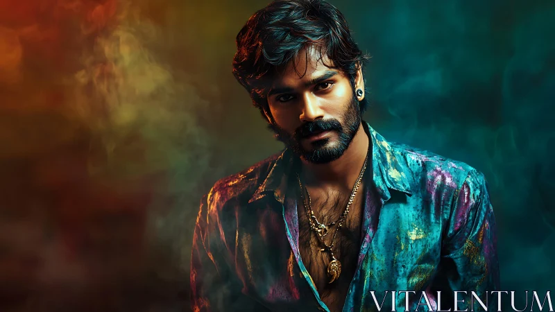 Color-drenched rebel leans through smoky neon twilight