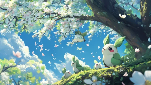 Springtime leaf critters resting under a blooming sky canopy.