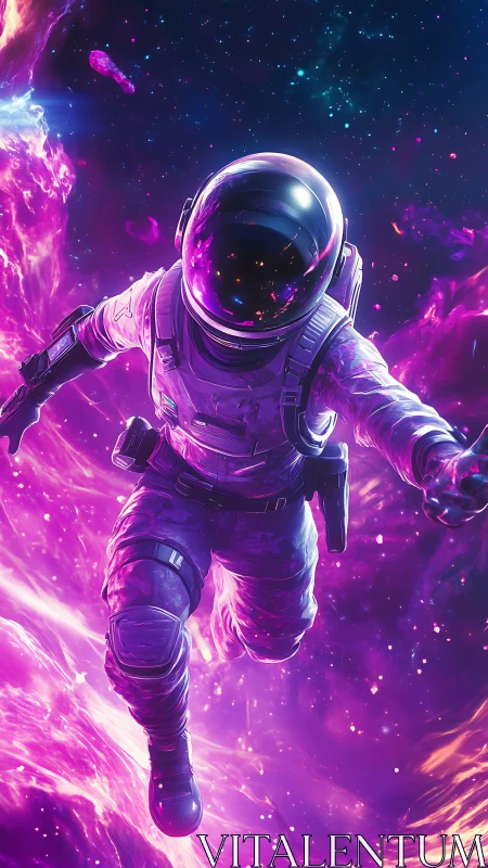 Astronaut in violet plasma nebula with reflective visor and suit
