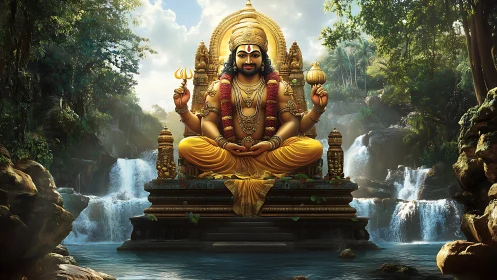 Golden forest deity on pedestal amid cascading waterfalls.