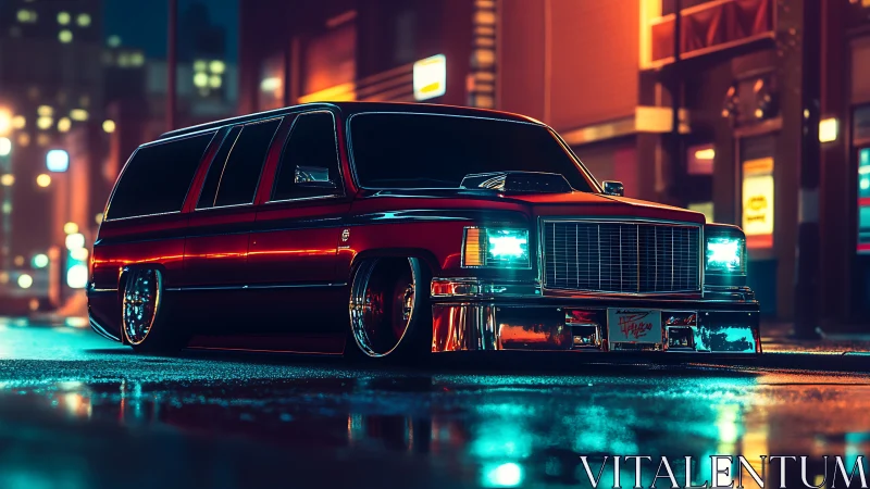 Lowrider SUV night render with neon reflections and wet asphalt