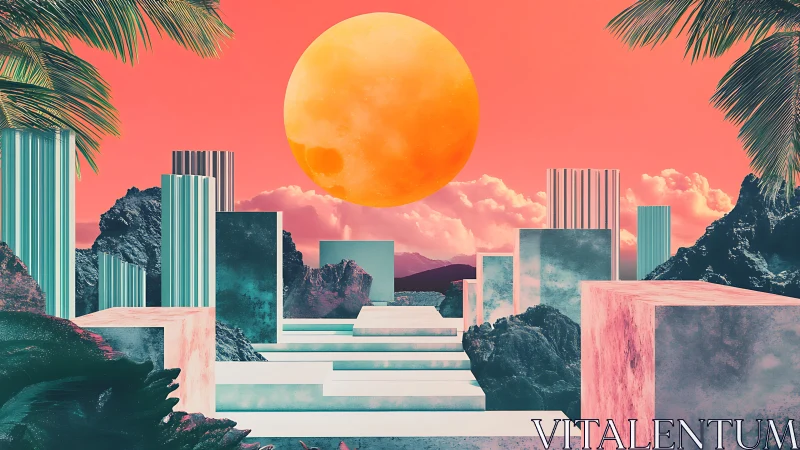 Neon sun hovers over surreal pastel temple of columns and palms.