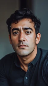 Close portrait of a dark haired man in muted interior setting.