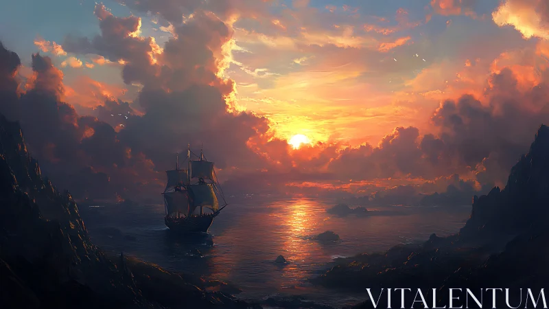 Sunset-sliced waves escort a lone brig through burning clouds