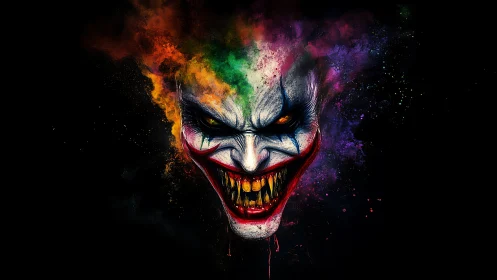 Sinister clown portrait explodes in neon fractured color.