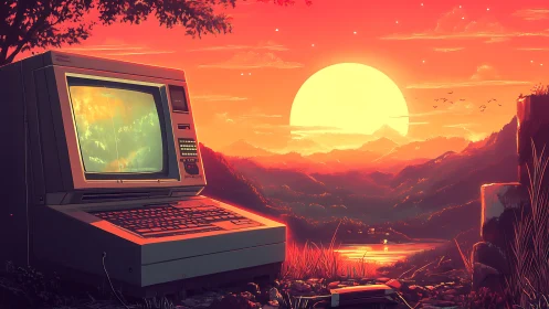Retro computer glows quietly against a neon sunset vista