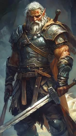 Armored elf warrior stands with dual swords in frontal view