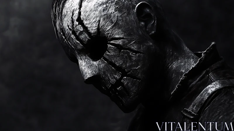 Scarred stone-faced figure leans in shadowed, oppressive light