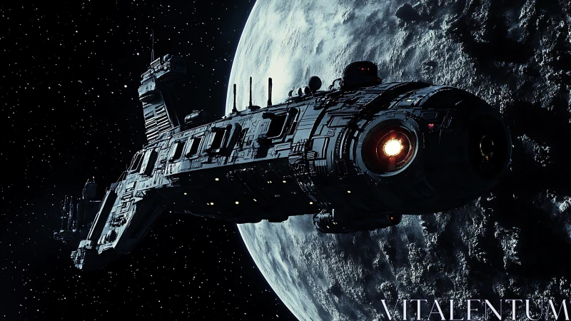 Large detailed spacecraft orbits cratered planet in deep space