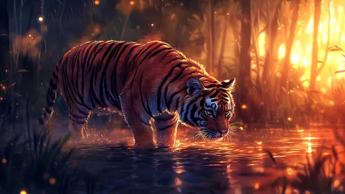 Emberlit Tiger Crossing: Silent Hunter in Liquid Firelight.