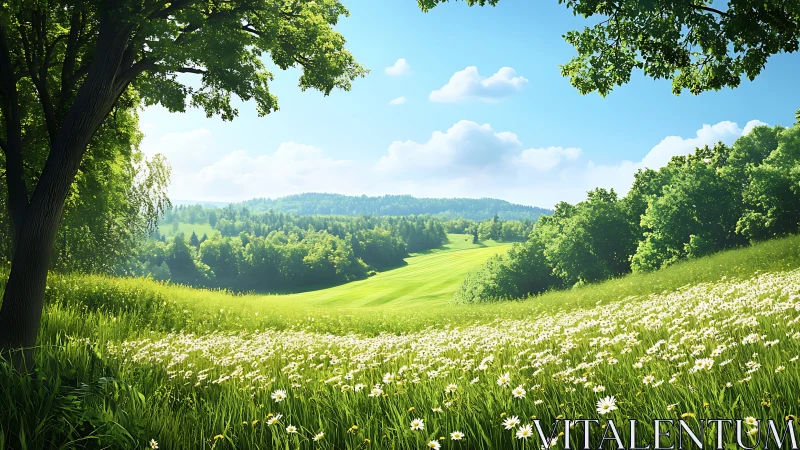 Sunlit wildflower meadow rolls toward distant forest hills.