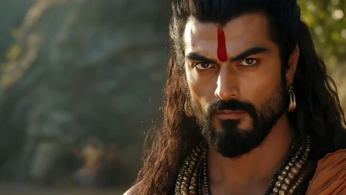Warrior with red tilak stares forward in close portrait