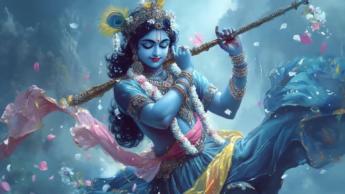 Graceful blue deity plays a flute amid swirling flower petals