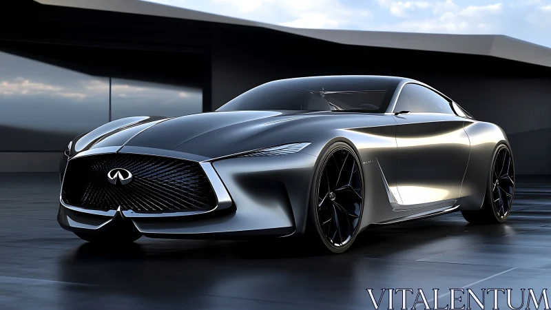 Sculpted silver coupe concept in low-key studio lighting panorama.