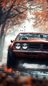 Photorealistic muscle car drifting through autumn avenue.
