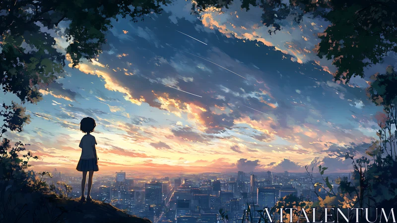 Solitary child overlooking luminous city at radiant dusk.