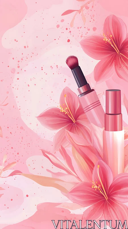 Cosmetic lip brush and gloss framed by stylized pink lilies.