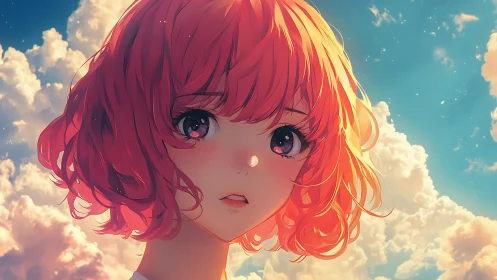 Sunlit anime girl amid glowing clouds at golden hour.