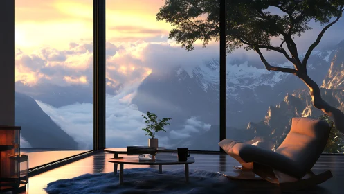 Luxury mountain lounge with panoramic sunrise view.