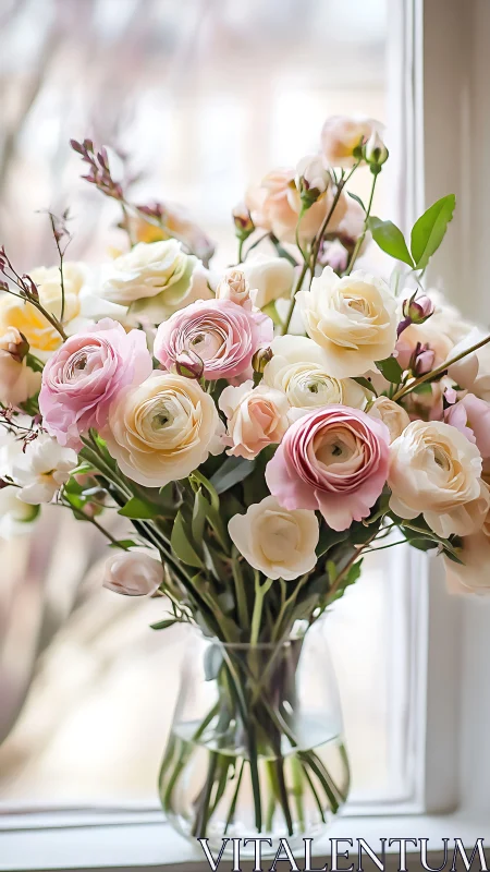 Pastel Ranunculus and Rose Arrangement in Clear Vase.