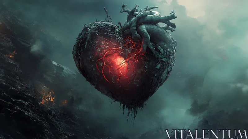 Glowing Heart in Desolate Cavern with Stone Guardian Figures