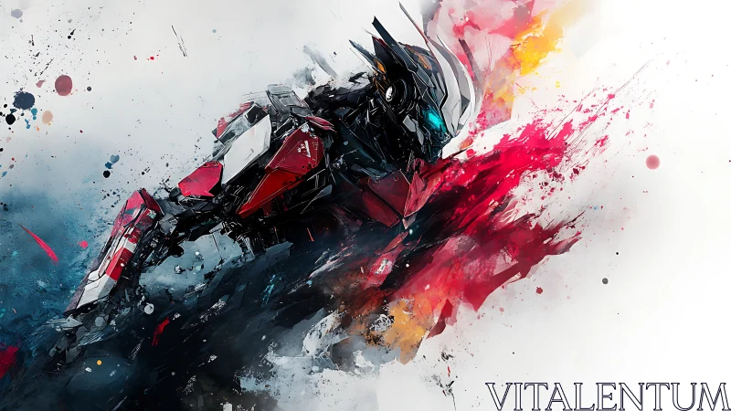 Crimson striker mech erupts through abstract paint storm.