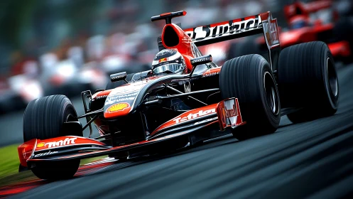Formula race car charging through wet track at speed.