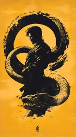 Silhouetted martial figure entwined with coiled serpent form.